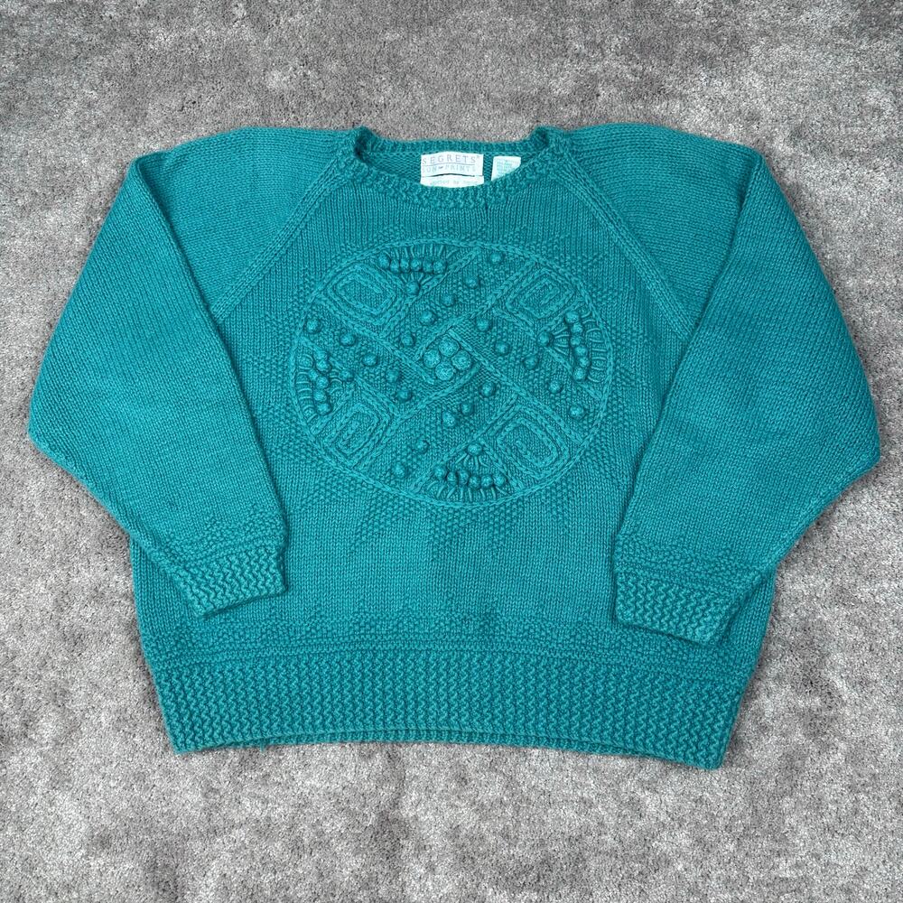 Vtg Teal Textured 3D Knit Sweater Size S Grandma Cottage Hand Knit Cotton Ramie